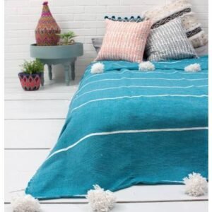 Couverture en coton bleu avec pompons – 3x2m