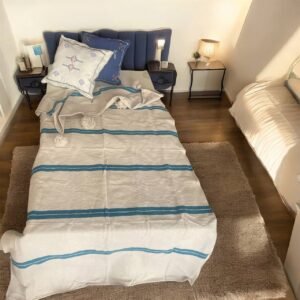 Couverture en Coton Beige à Rayures Bleu Turquoise